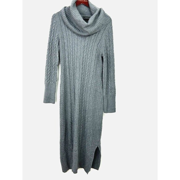Tahari Women Size L Sweater Dress Storm Gray Cable Knit Cowl Neck Midi Sheath T3 - Picture 3 of 12